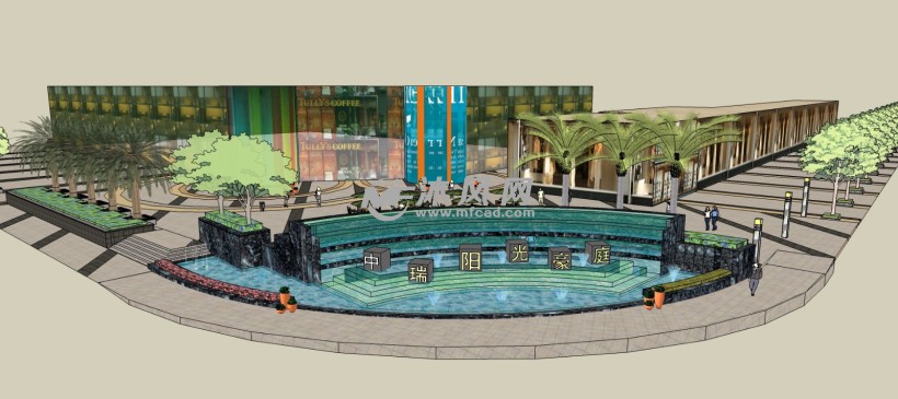 商业街广场喷泉配景设计三维模型