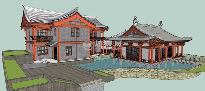 仿宋代古建筑水上庭院别墅会所三维模型