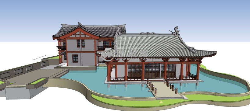 仿宋代古建筑水上庭院别墅会所三维模型