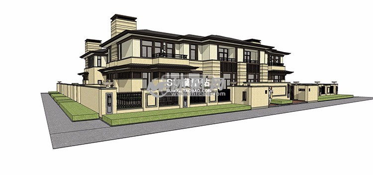 欧式联栋大四合院别墅会所庭院三维模型