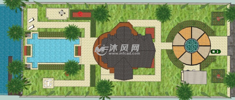 西班牙风木屋别墅花园庭院俯视图