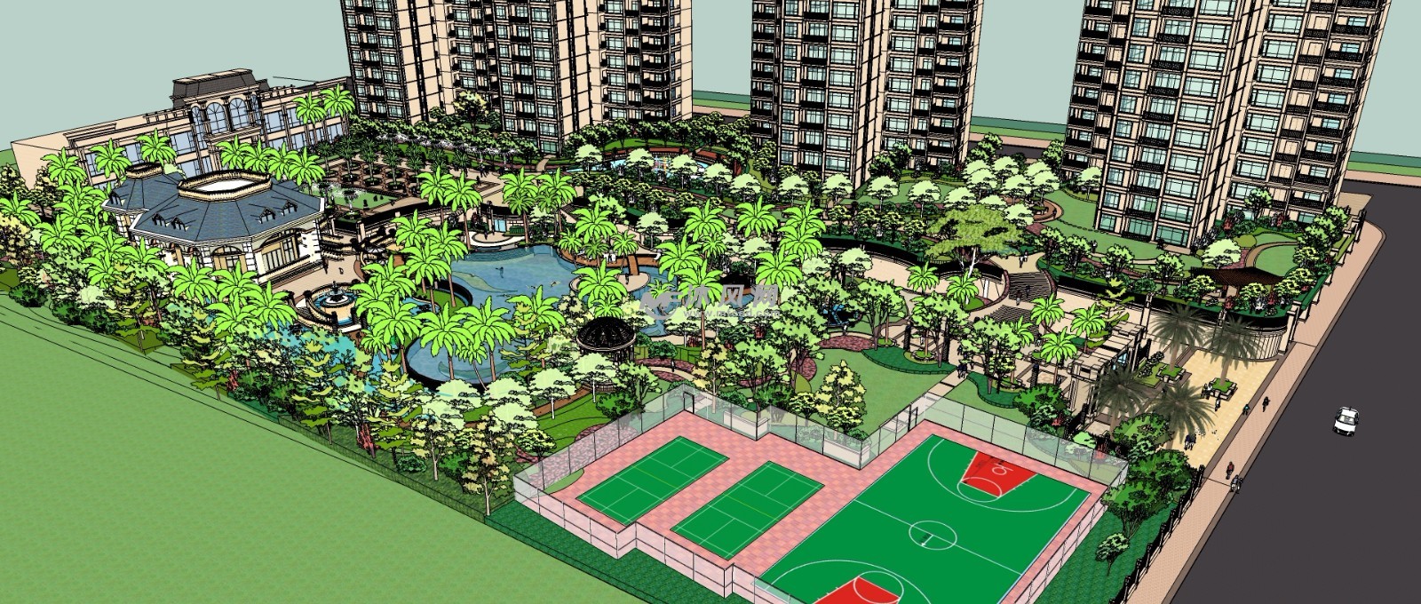 高层住宅小区公园广场带运动场规划设计三维模型