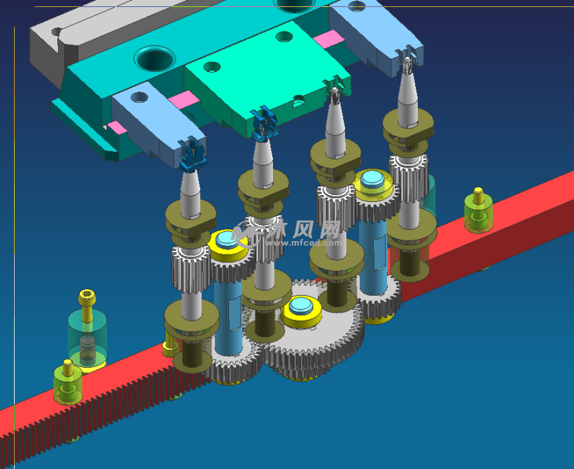 油缸带动齿条齿轮塑胶模具3d结构