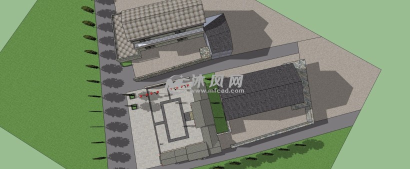 中式乡村风格连廊小广场村民活动中心三维模型