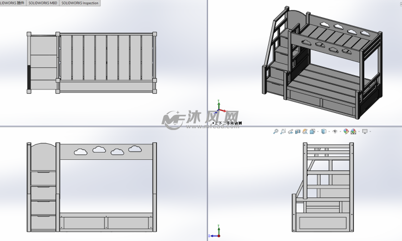 儿童实木高低床模型三视图