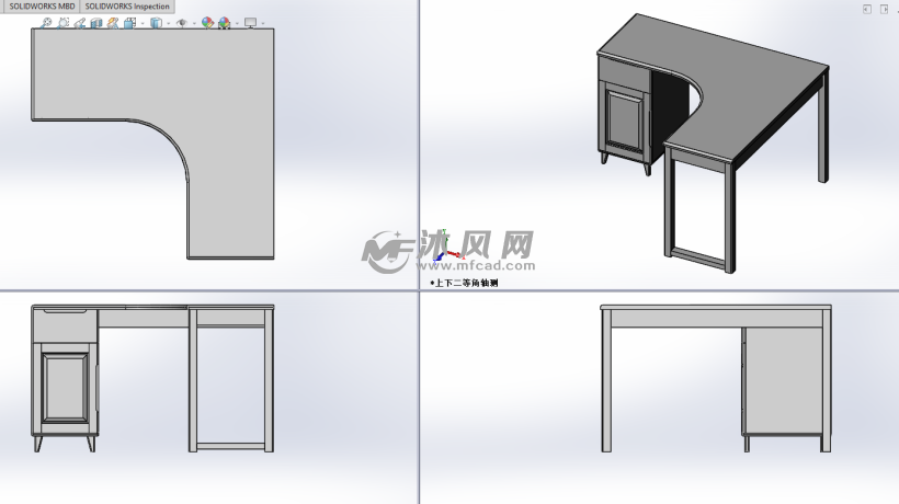 转角实木书桌模型三视图