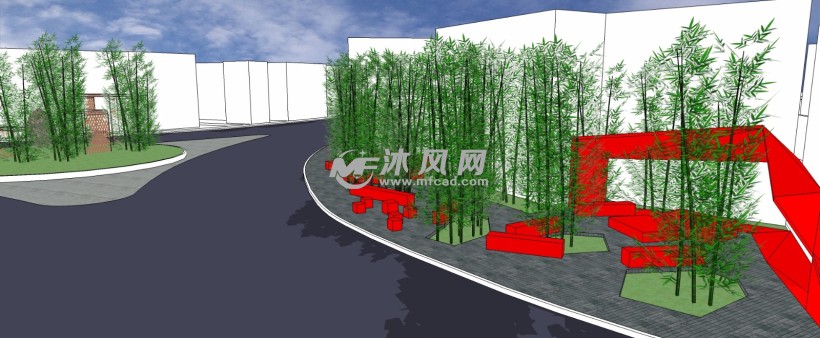 小区丁字路口园林绿化三维模型 - 景观园林规划图纸