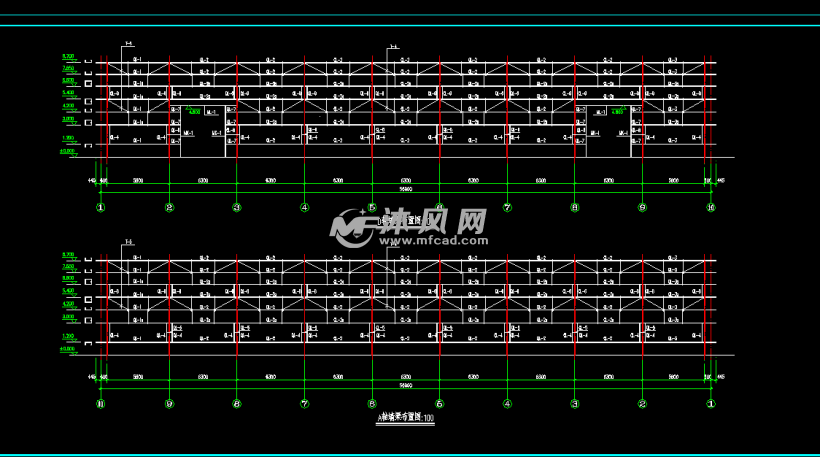 跨度21米钢结构厂房10t吊车cad结构设计图纸