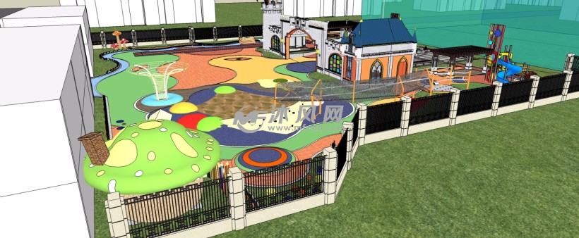 卡通城堡幼儿园儿童活动场带游乐器械三维模型