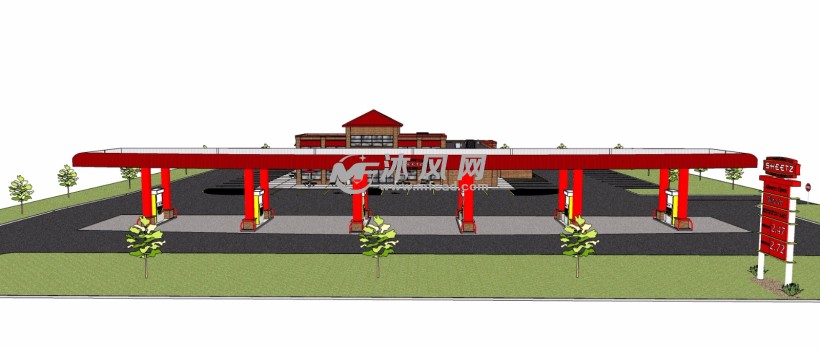 欧式西班牙风格汽车加油站三维模型