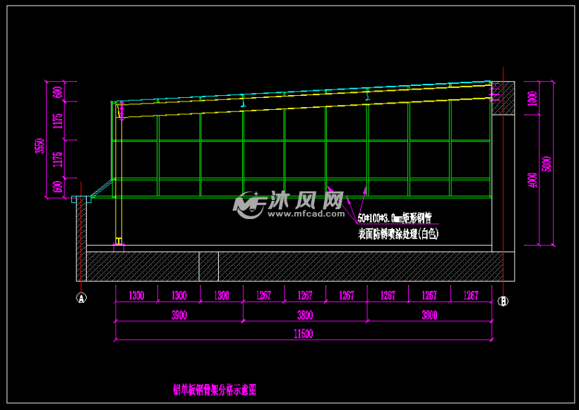 6米×11.4米屋面钢结构玻璃棚顶施工图纸