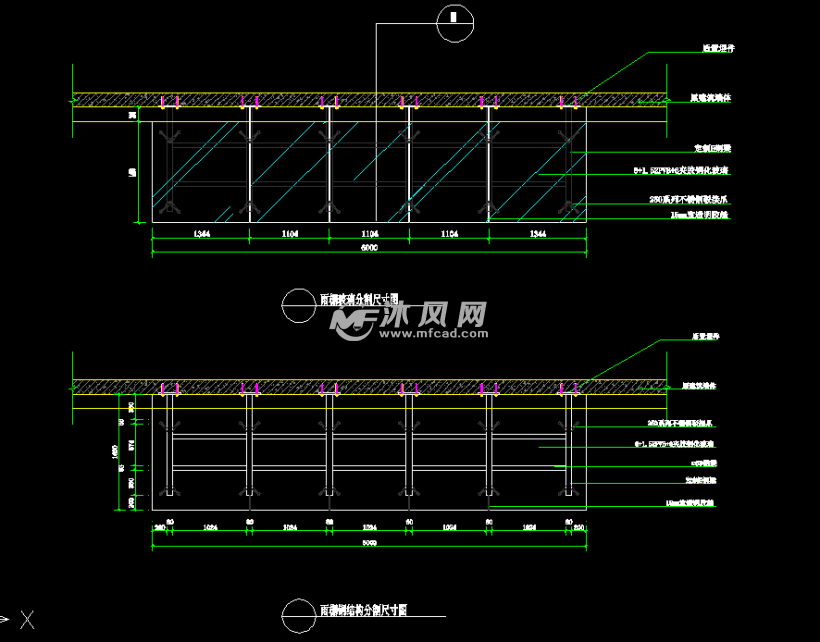 6个尺寸钢结构驳接爪点式玻璃雨棚施工图纸