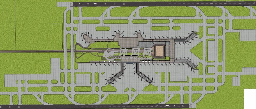 大型双跑道国际机场飞机航站楼俯视图