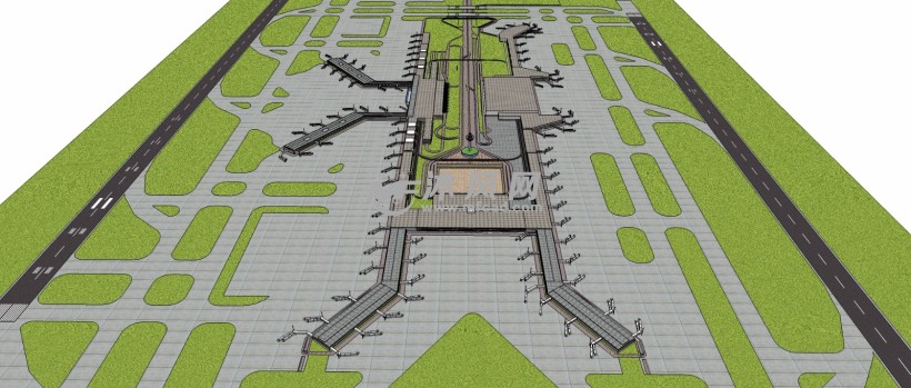 大型双跑道国际机场飞机航站楼三维模型