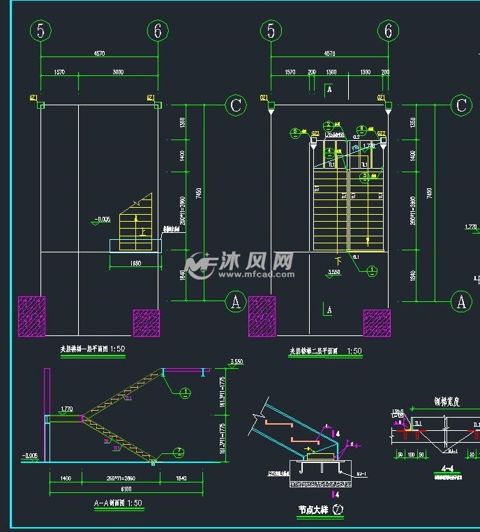 本图纸为钢梯的一二层平面布置图和里面图,较为详细的展示了钢梯的