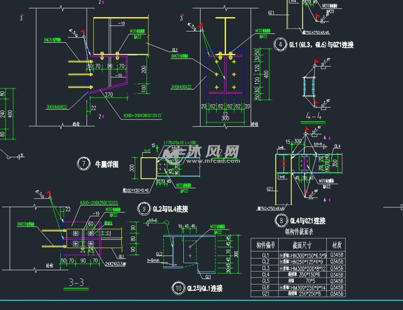 本图纸为牛腿详图,钢梁与原混凝土的连接,采用化学锚栓连接.