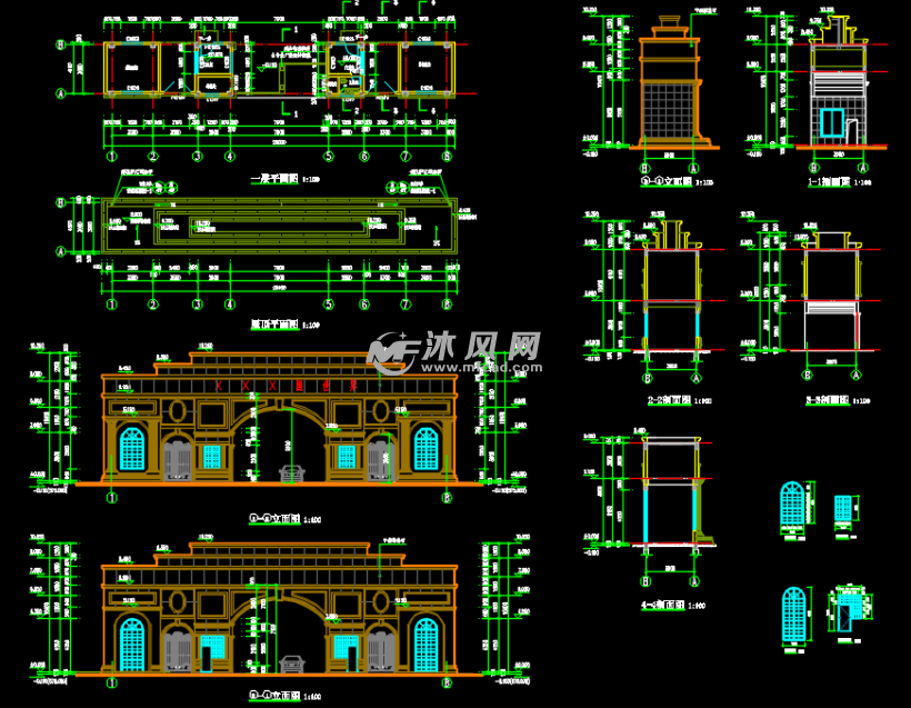 欧式风格住宅小区两套大门建筑施工图纸