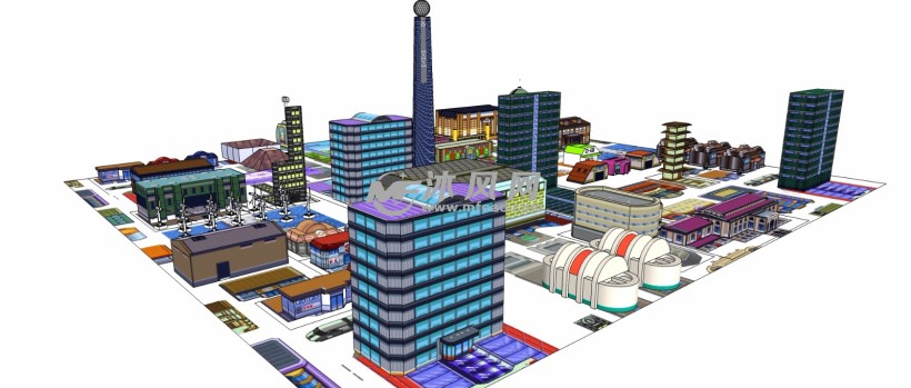 卡通城市街道大楼建筑三维模型 - 工业游戏模型图纸 - 沐风网