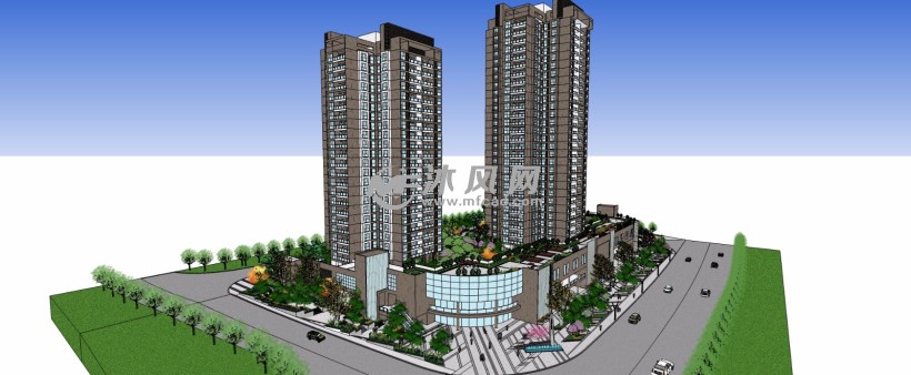 商业街高层住宅写字楼带屋顶花园三维模型 建筑模型图纸 沐风网