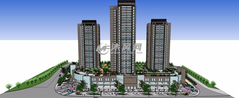 商业街高层住宅写字楼带屋顶花园三维模型 建筑模型图纸 沐风网