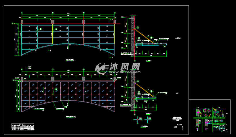 弧形点玻式遮阳玻璃雨篷结构施工图纸