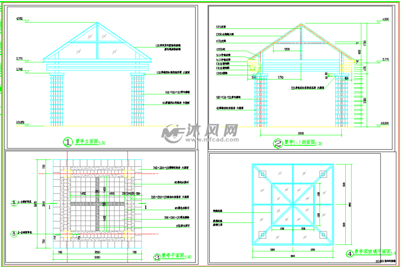 广场现代风格的玻璃四角凉亭子施工图纸