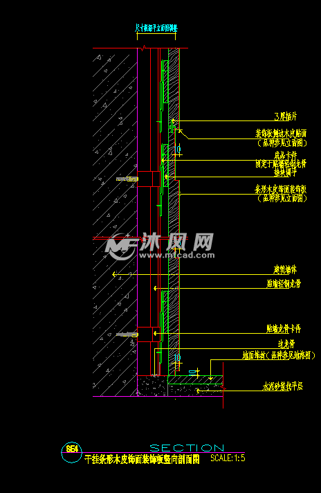 干挂条形木皮饰面装饰板竖向剖面图