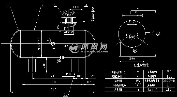 六种氧气缓冲罐总装图 - 分离压力容器图纸 - 沐风网