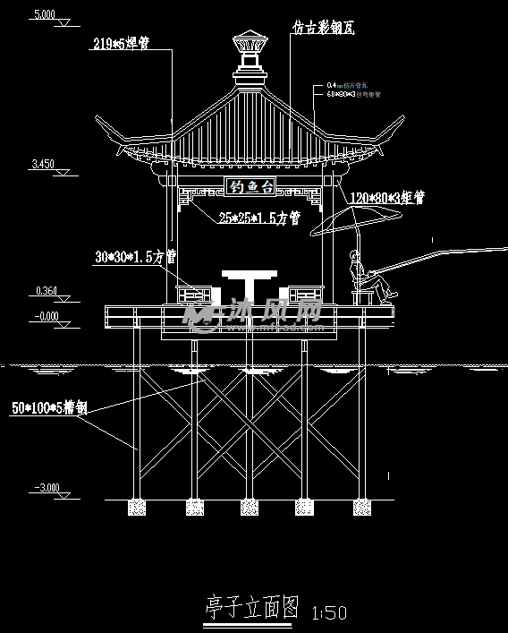 带亭子的钢结构仿古临水廊架施工图纸