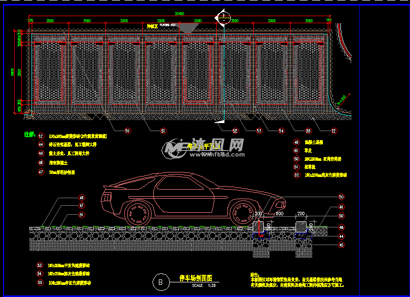 嵌草式生态汽车车库停车位铺装大样图纸