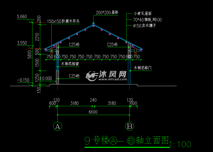 小青瓦屋面的仿古单层小木屋建筑图纸