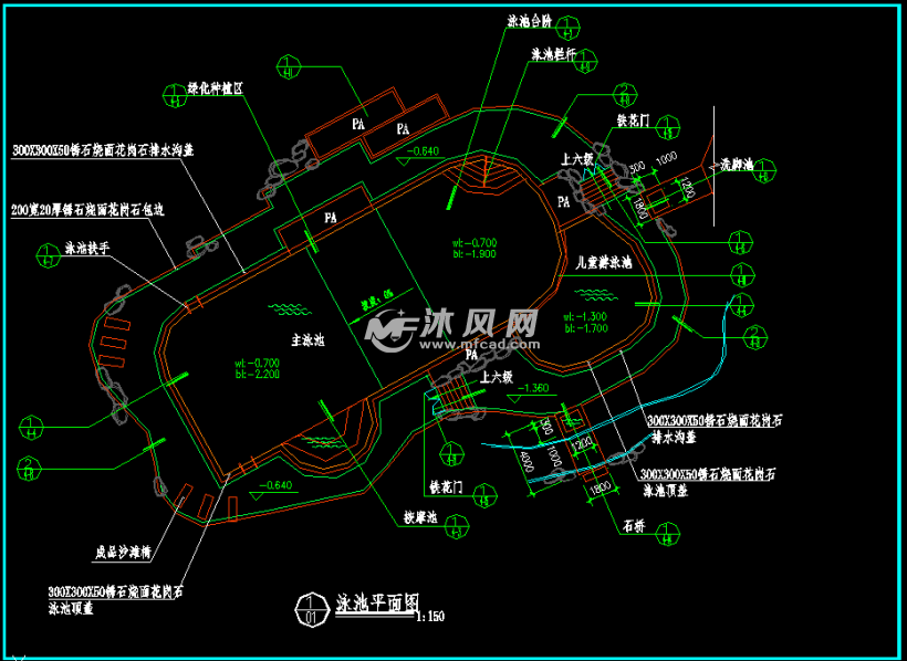 室外自然式游泳池施工图纸平面图