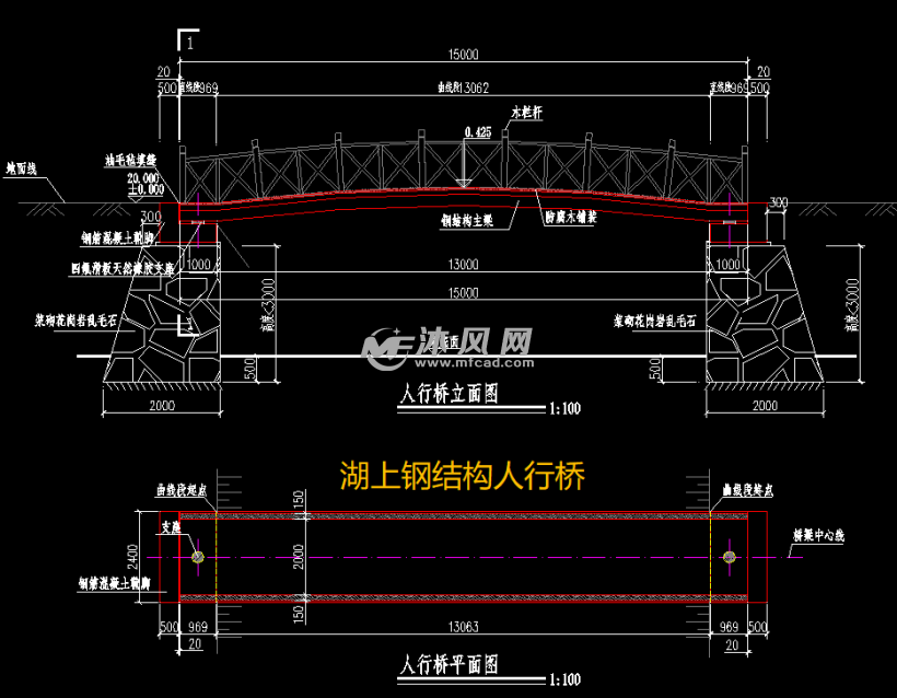 两套水上钢结构简支梁桥的人行景观桥设计图纸