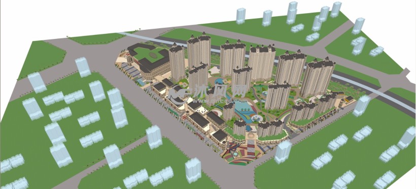 简欧高层住宅小区沿街商业购物广场三维模型