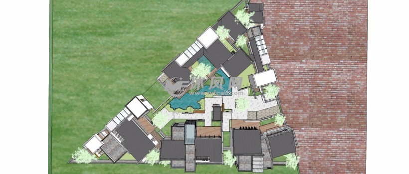 中式新古典三角地别墅庭院住宅群三维模型