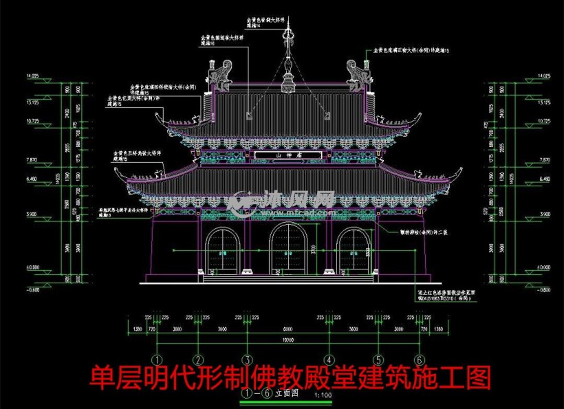 一套混凝土仿木结构的单层明代形制山神庙佛教殿堂古建筑施工图纸