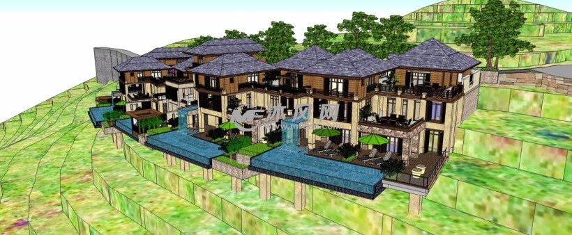 东南亚风格山地别墅庭院住宅带游泳池三维模型