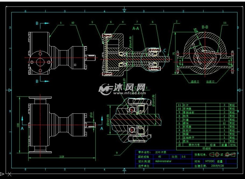 三叶片偏心抽液泵二维图纸