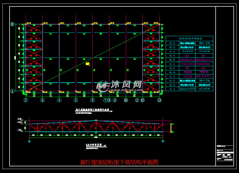 展厅屋顶层桁架下弦结构平面图