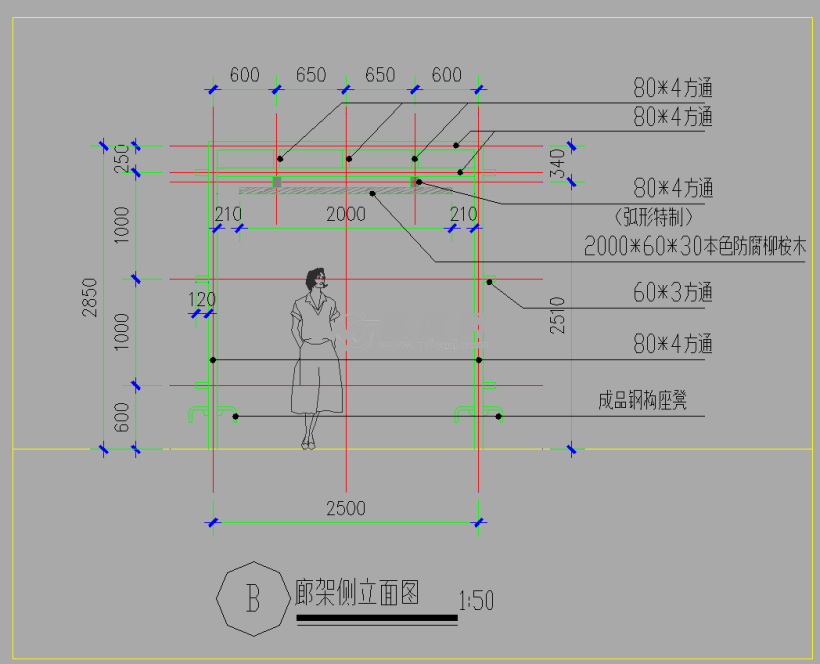 廊亭侧立面图