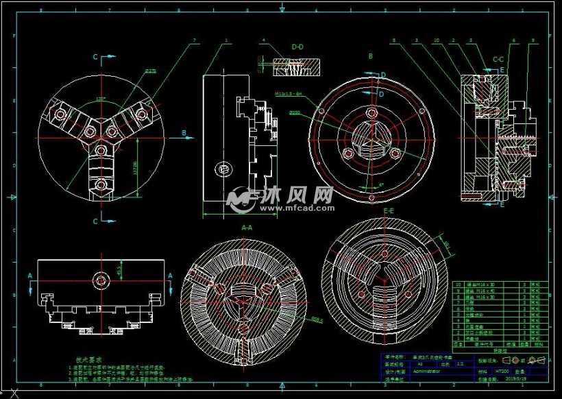 数控车床三爪斜齿轮螺旋卡盘伸缩夹紧夹具