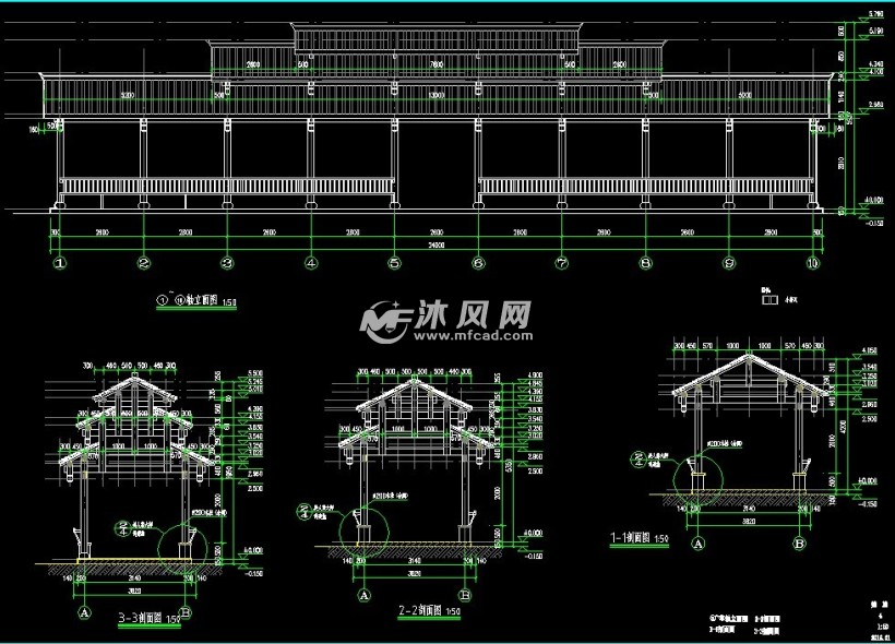 长廊施工立面图,剖面图