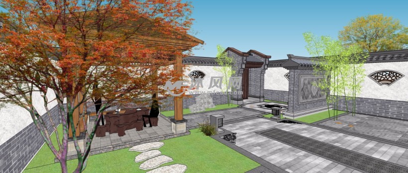 现代中式仿古建筑四合院庭院