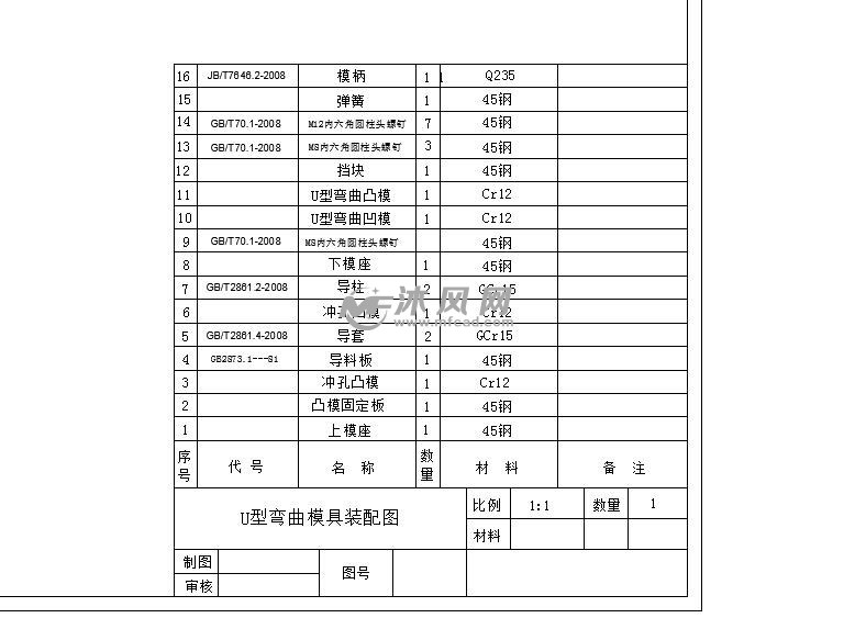 u型弯曲模具装配图明细栏