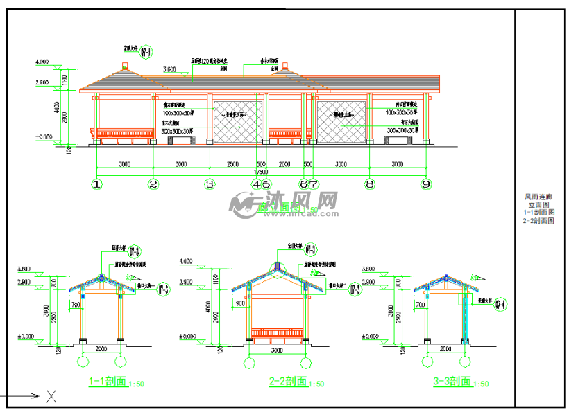 景观组合廊亭之风雨连廊设计图纸