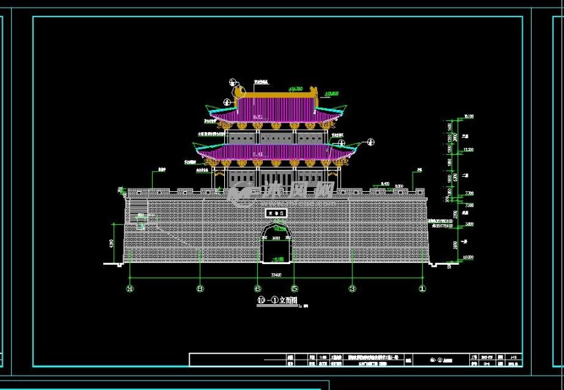 中式仿古3层古城墙城楼建筑图