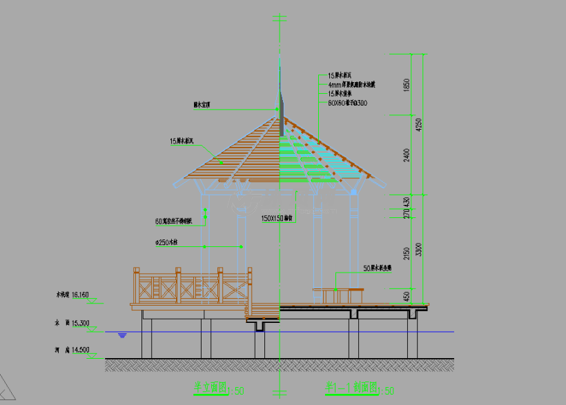 水上木结构八角亭和四角亭设计图纸