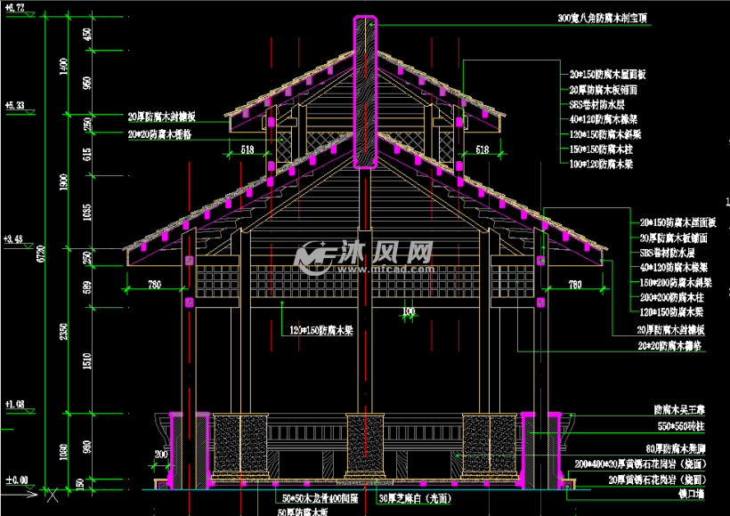 双层防腐木结构景观八角亭设计图