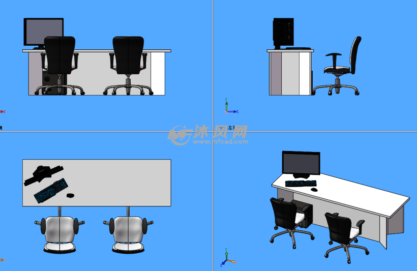 长型办公桌椅三视图