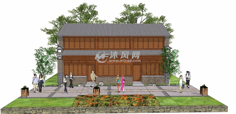 中式乡村民宅古建筑二层木屋别墅